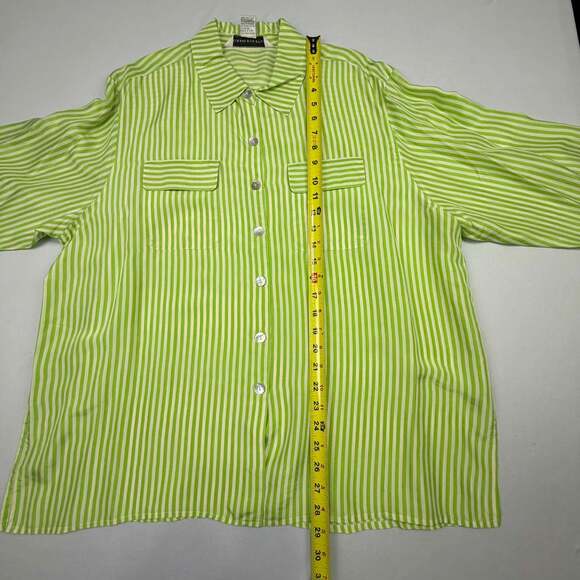 Melrose Silk Studio 100% Silk Lime Green and White Striped Long Sleeve Button Do - Picture 5 of 11